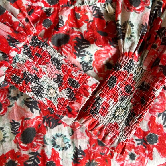 Chufy La Dolce Vita Silk Blend Red Floral Balloon Sleeve Blouse M Designer - Picture 4 of 10